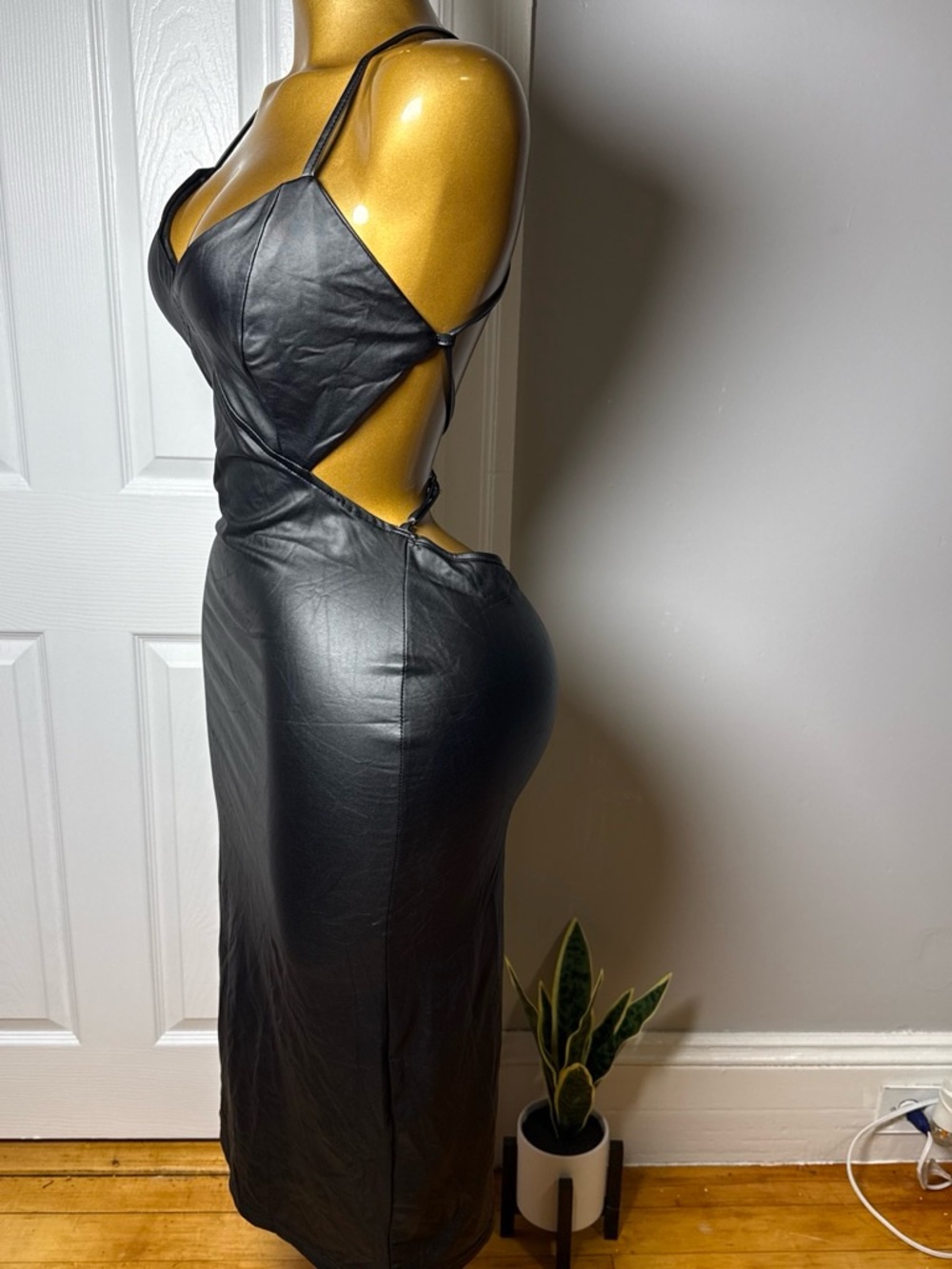Black Backless Faux Leather Midi Dress with Strappy Details